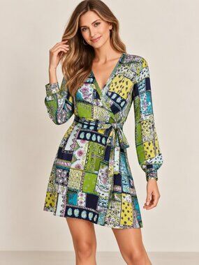 Lily Pulitzer Silk Green Navy Patchwork Wrap Dress Size 8
